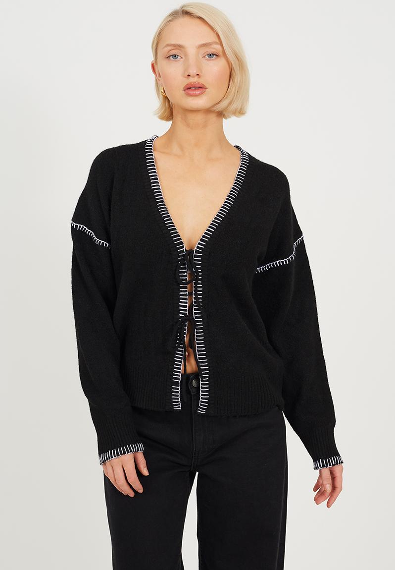 Ladies Jersey Knit With Tie Front - Black/Ivory Stitch