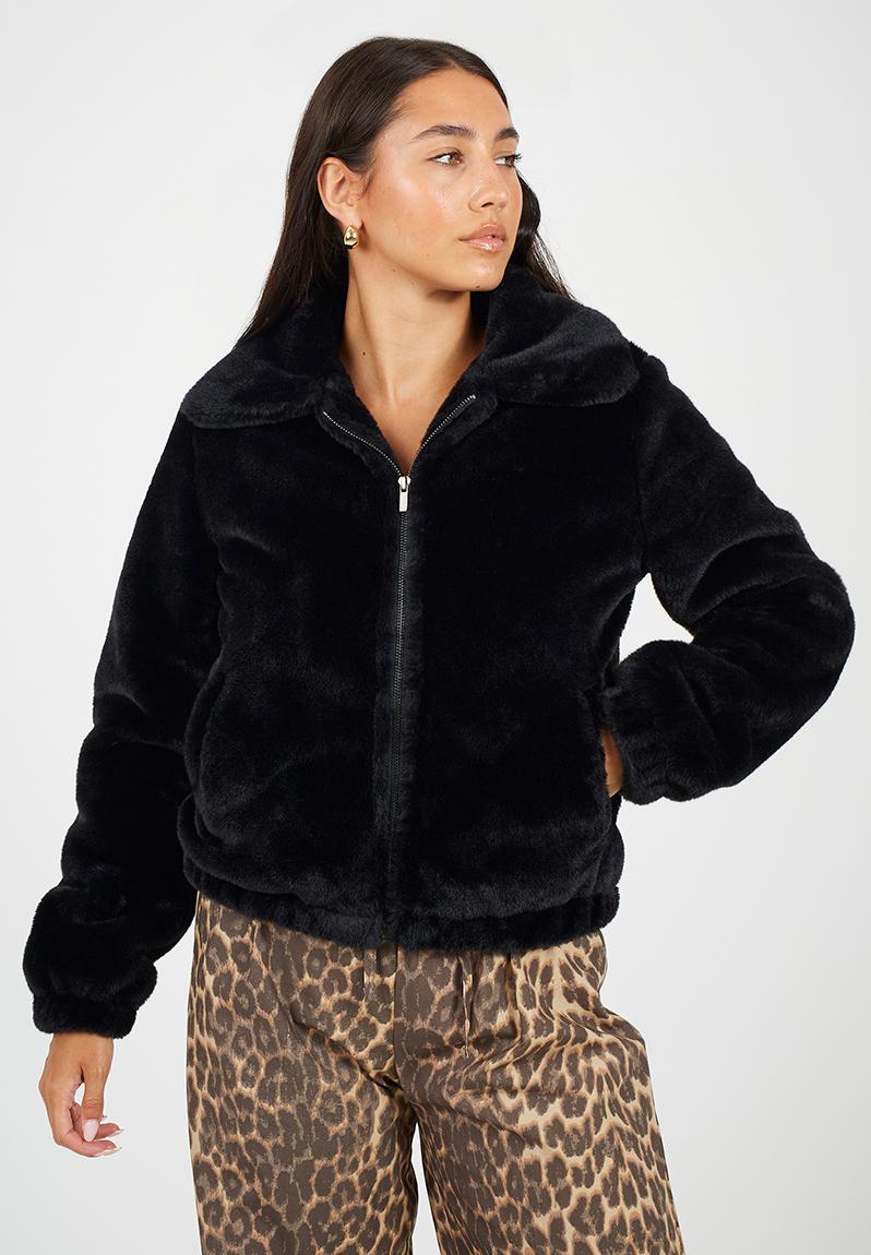 Ladies Short Faux Fur Jacket - Black