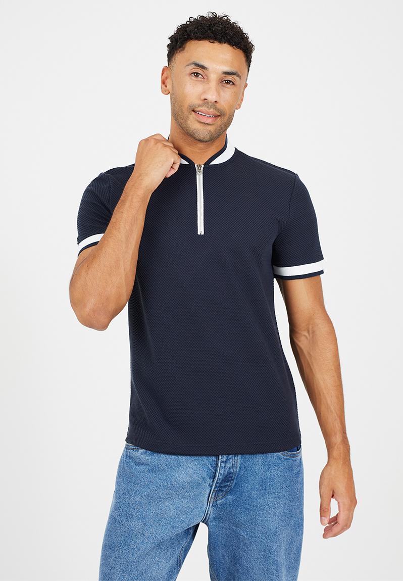Short Sleeve Metal 1/4 Zip Placket With Baseball Neck - Navy / Cream ...