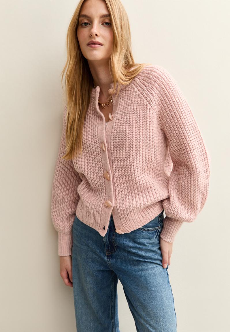 Ribbed Knit Raglan Sleeve Cardigan - lt pink