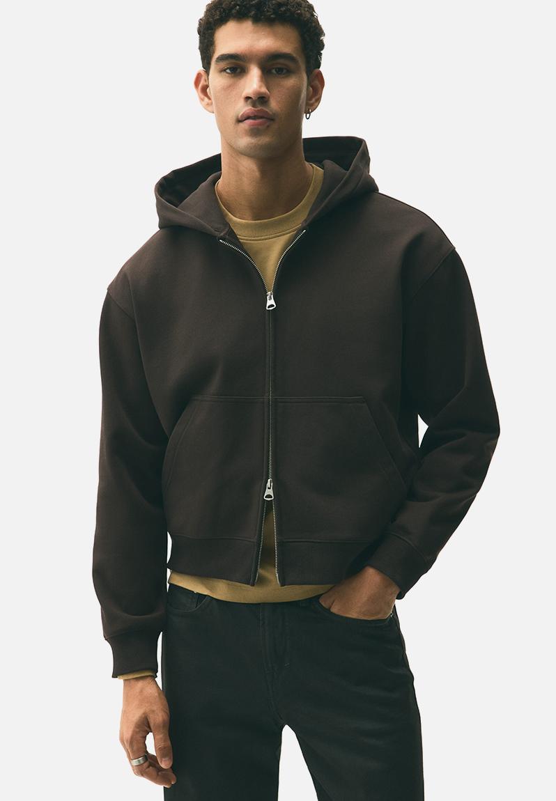Loose fit boxy-style zip-through hoodie - dark brown - 1300648003