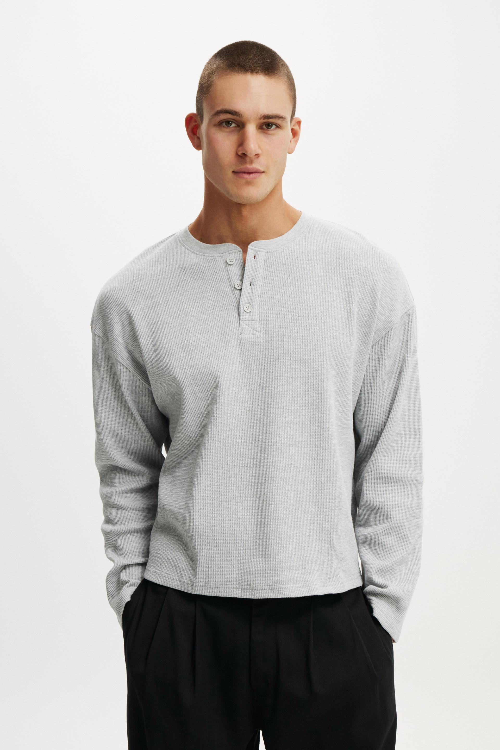 Relaxed Fit Textured Henley Long Sleeve - Grey Marle Waffle
