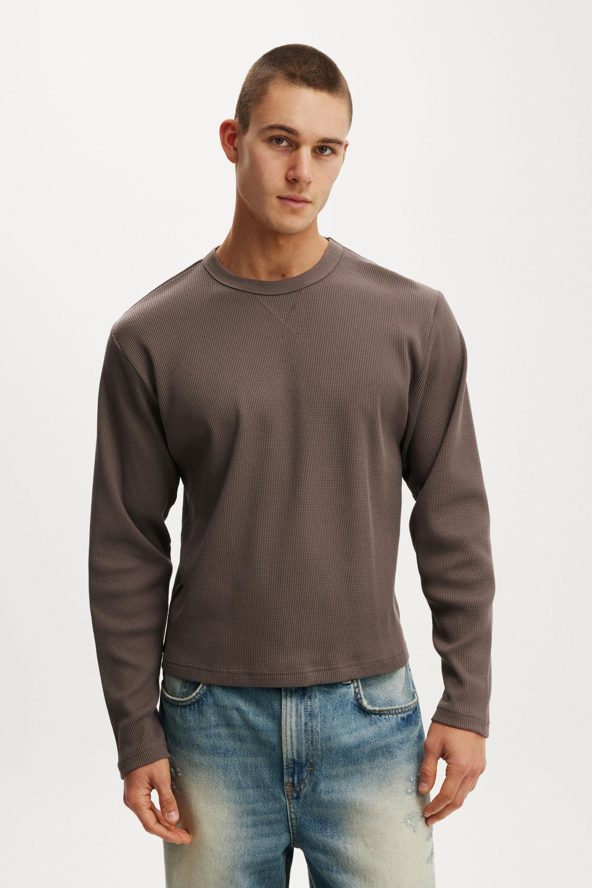 Cropped Fit Textured Long Sleeve - Washed Chocolate Waffle