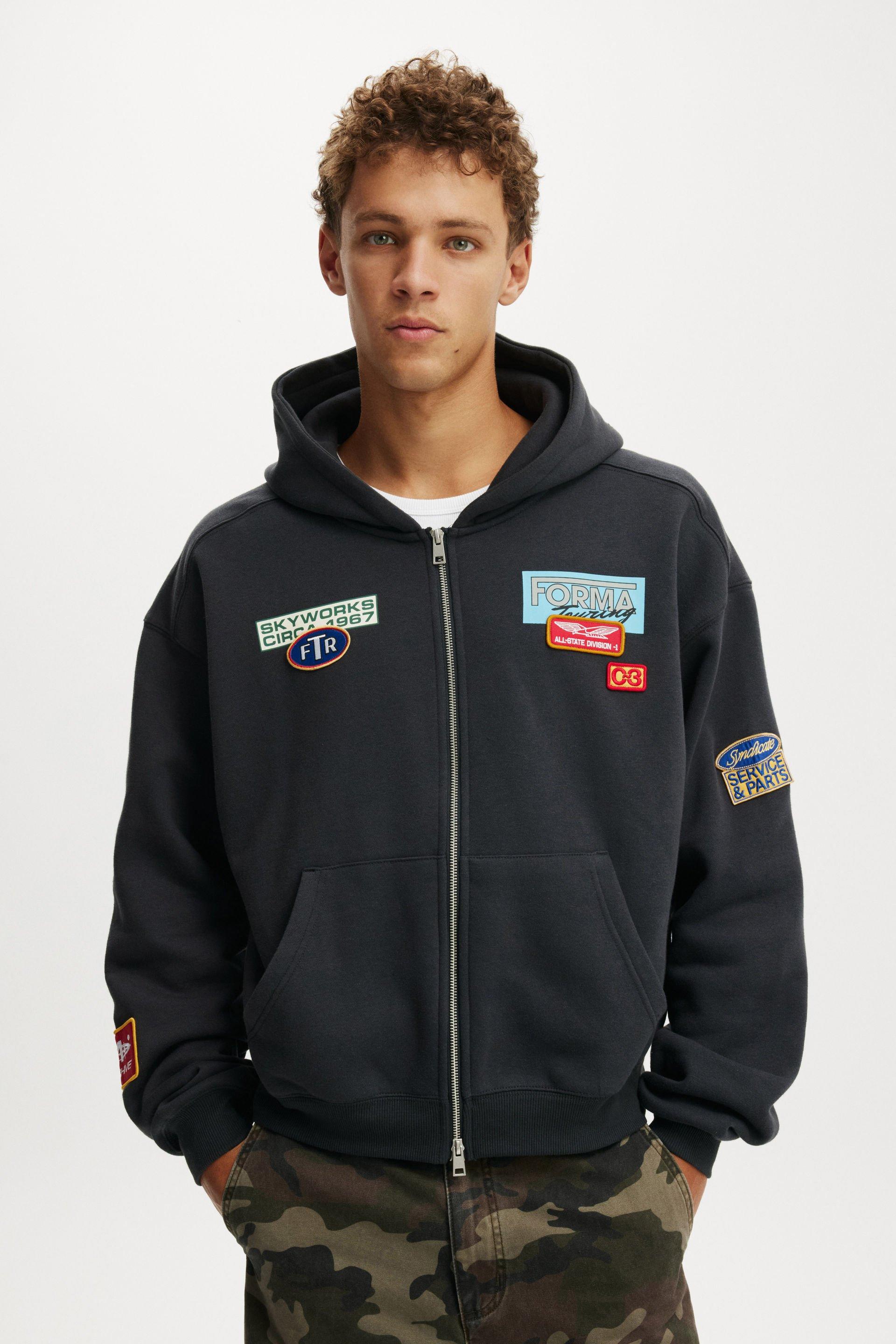 Cropped Zip Up Graphic Hoodie - Washed Black/ Skyworks