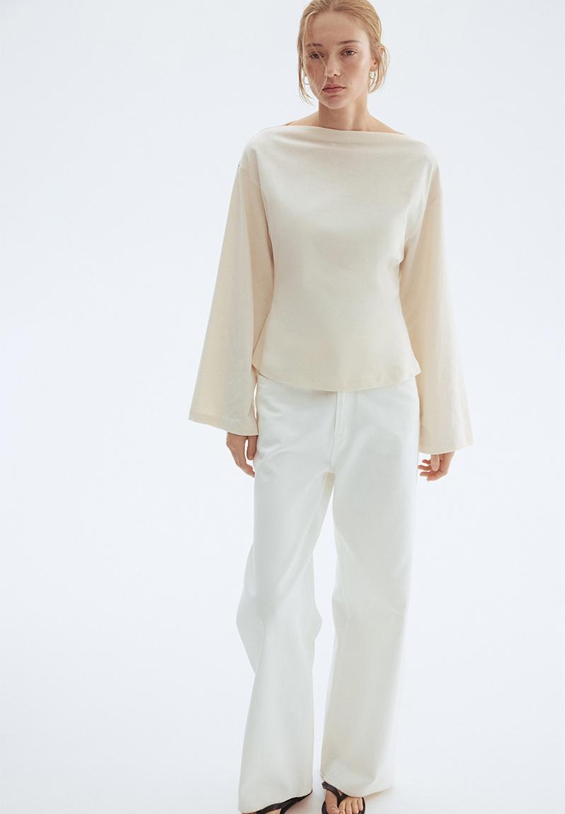 Boat-neck cotton top - cream - 1301320002