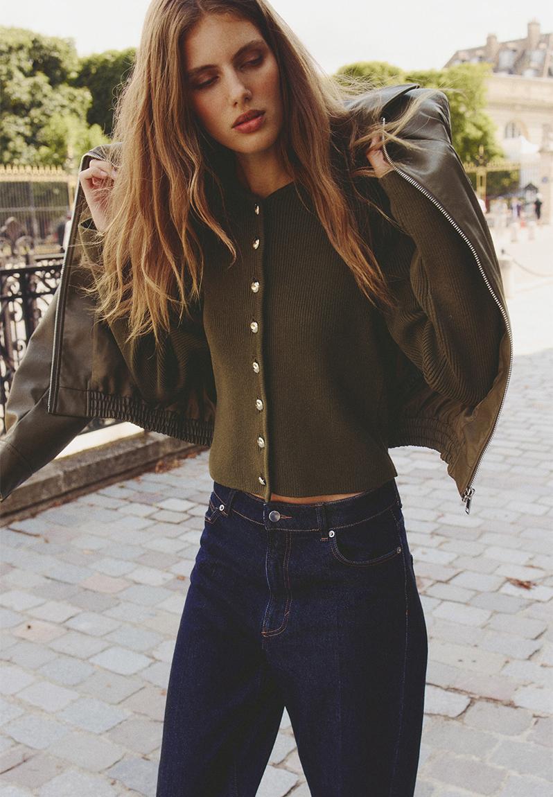 Rib-knit cotton cardigan - dark khaki green - 1295261002