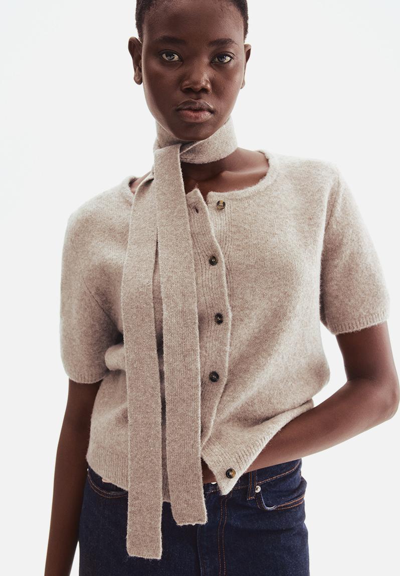 Scarf-detail cardigan - beige marl - 1308185001