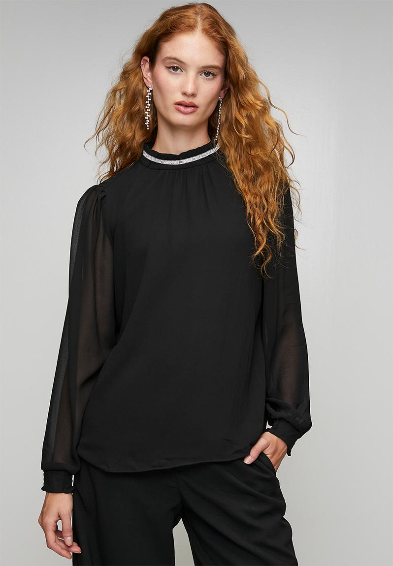 【LOHEN】伊勢丹先行SHEER JACQUARD DOLMAN BLOUSE L/S Sheer Blouse With Embelishment On High Neck - Black