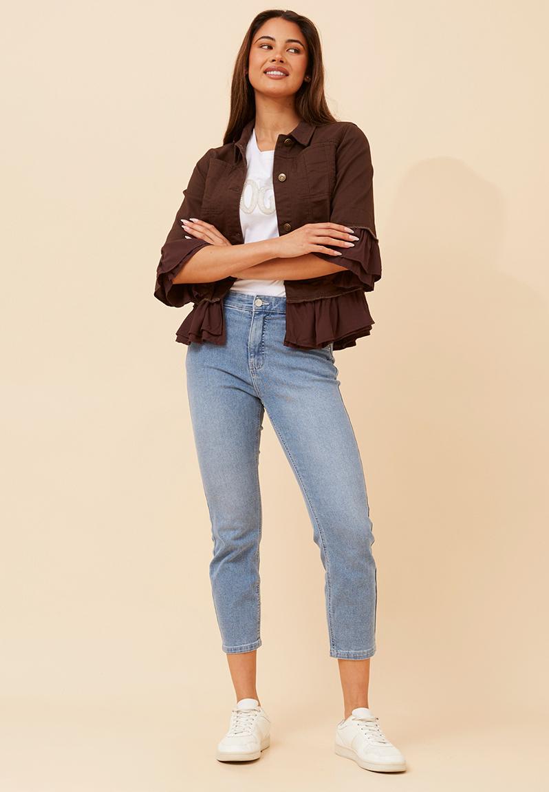 Half Sleeve With Frill Button Through Frill Jacket - Chocolate