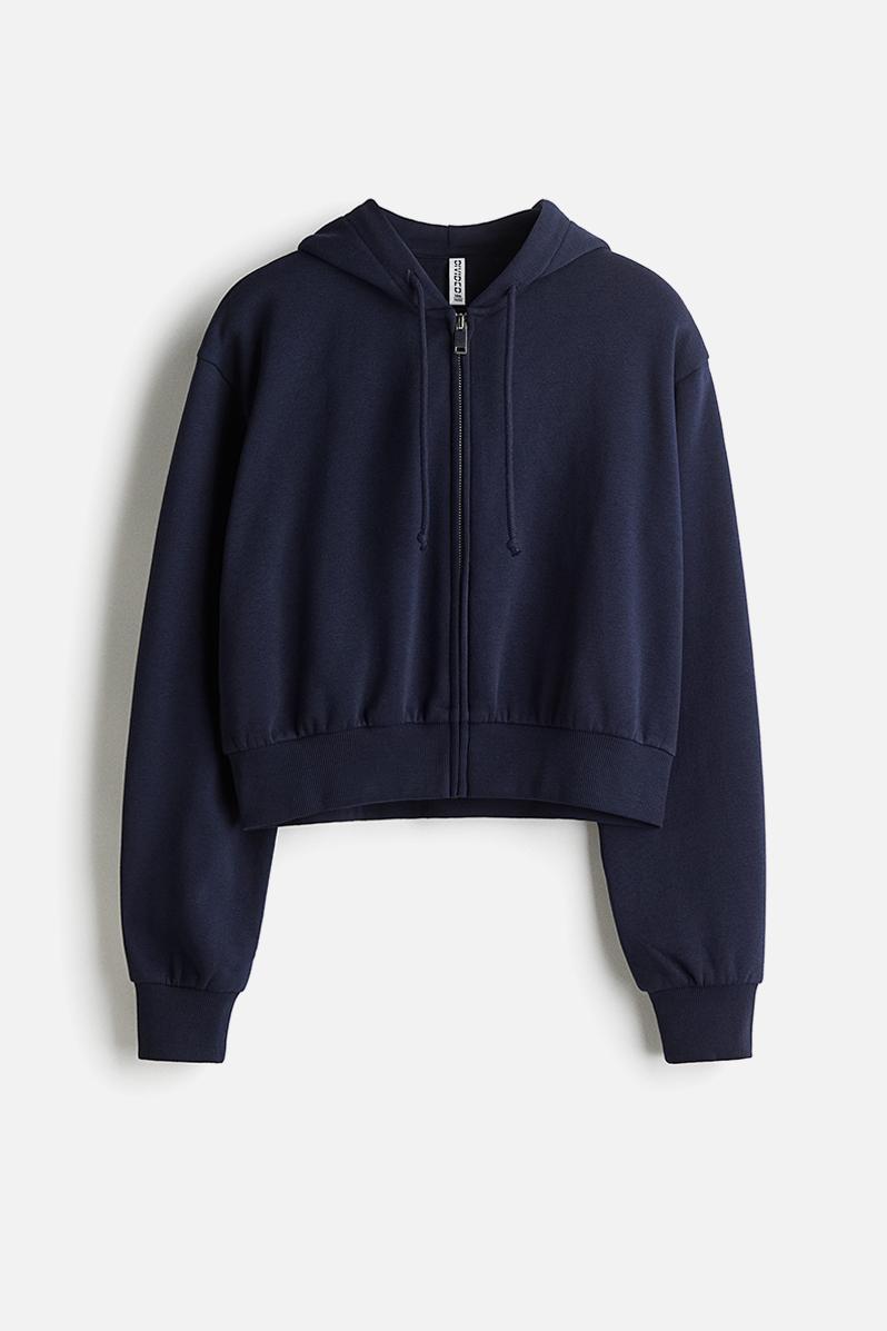 Cropped zip-through hoodie - navy blue - 1292680003