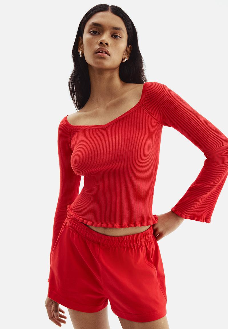 Rib-knit off-the-shoulder top - bright red - 1289511007