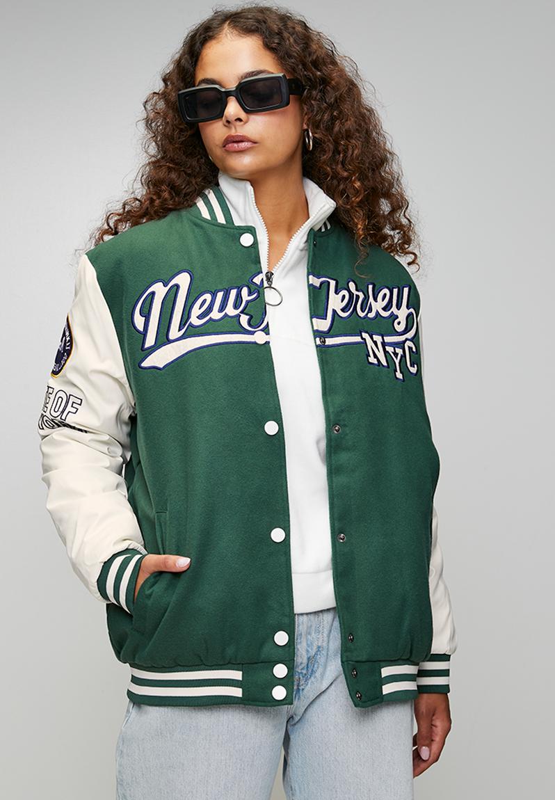 Ladies Over Sized Varsity Jacket - Green / White / Green& White