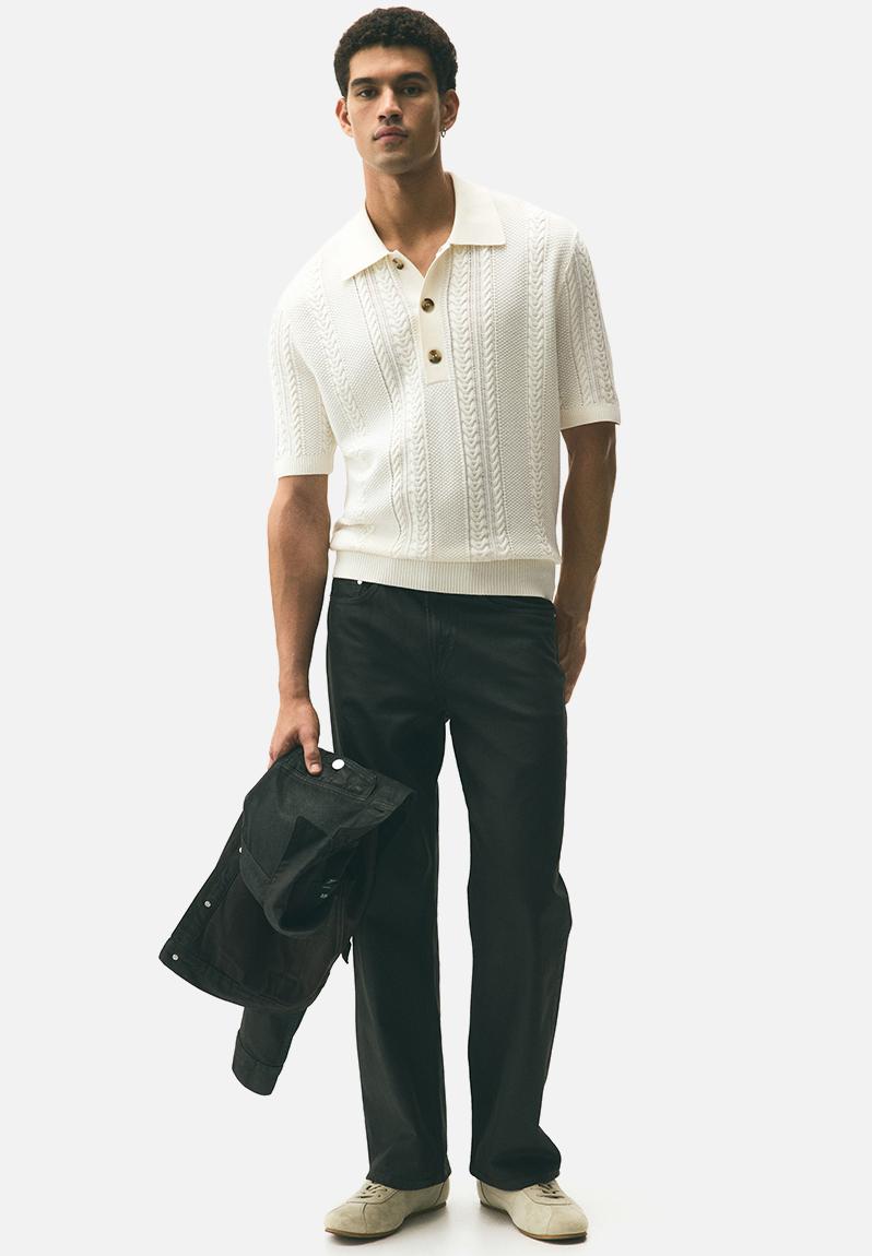 Regular fit cable-knit polo shirt - cream - 1297743001