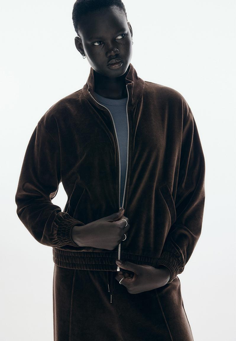 Velour zip-through jacket - dark brown - 1297139001