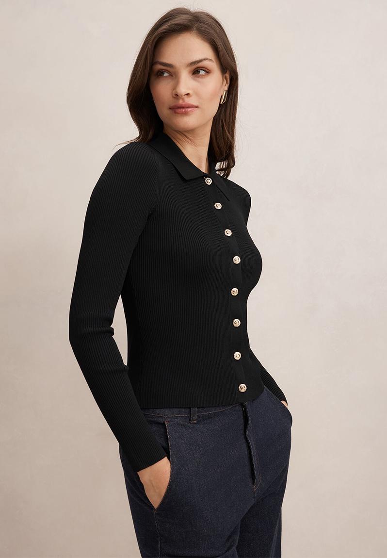 Selina ribbed knit polo top in black