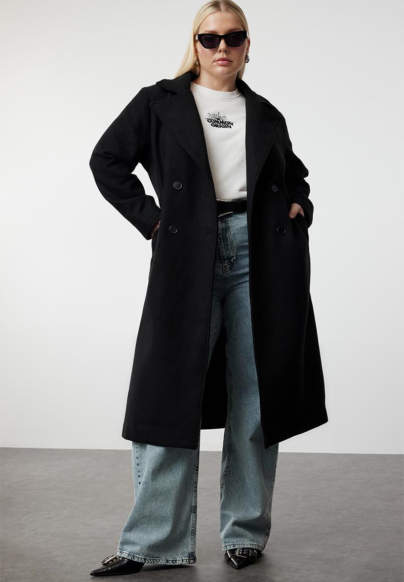 Plus Oversize Wool Blended Stamp Coat Double Breasted Coverage - Black