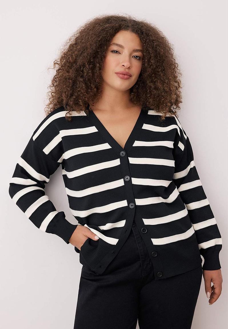 Plus Striped V-Neck Knitwear Cardigan - Black & White