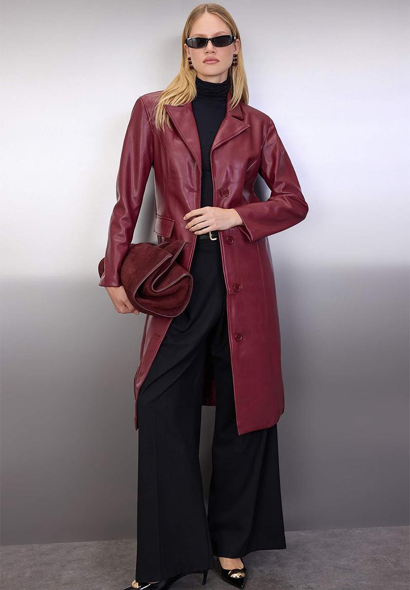 Faux Leather Mono Closure Regular Long Coat - Burgundy