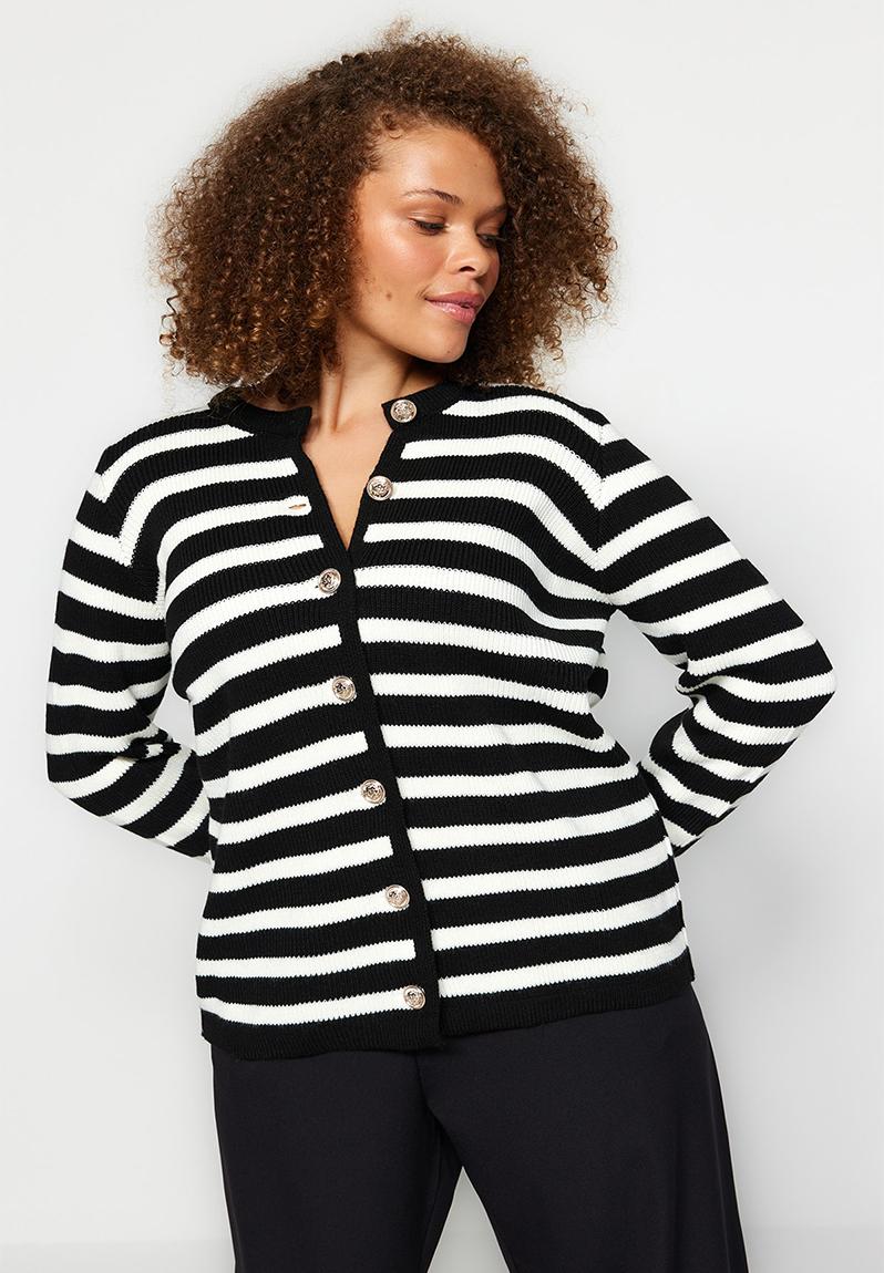 Plus Striped Jacket Look Knitwear Cardigan - Black-White