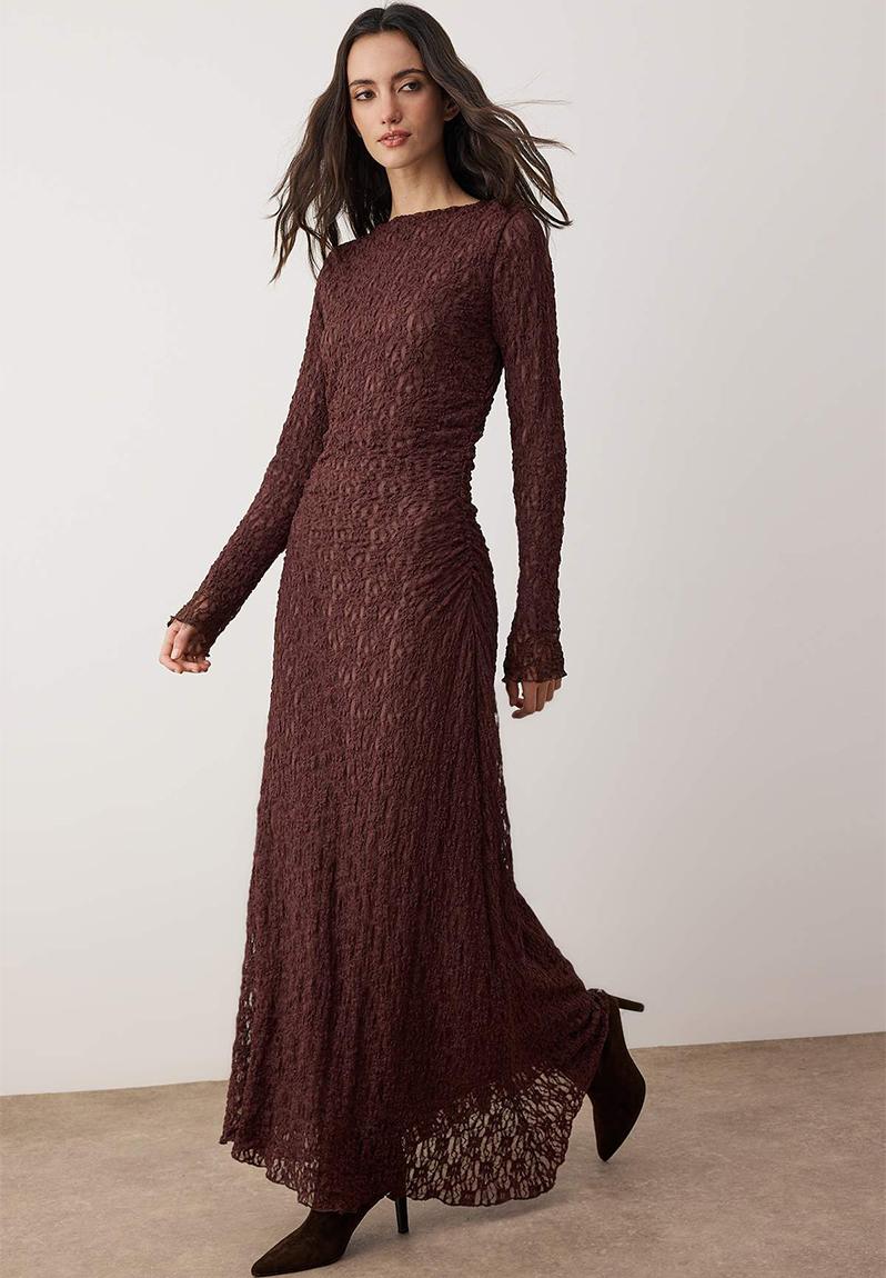 Lined Lace Fabric Knitted Dress - Brown