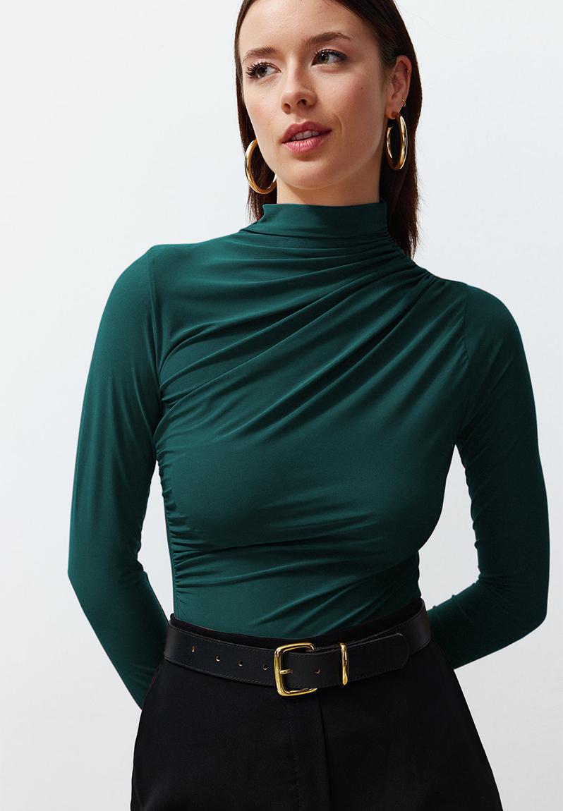 Stretchy Square Neck Drawstring Blouse - Emerald Green