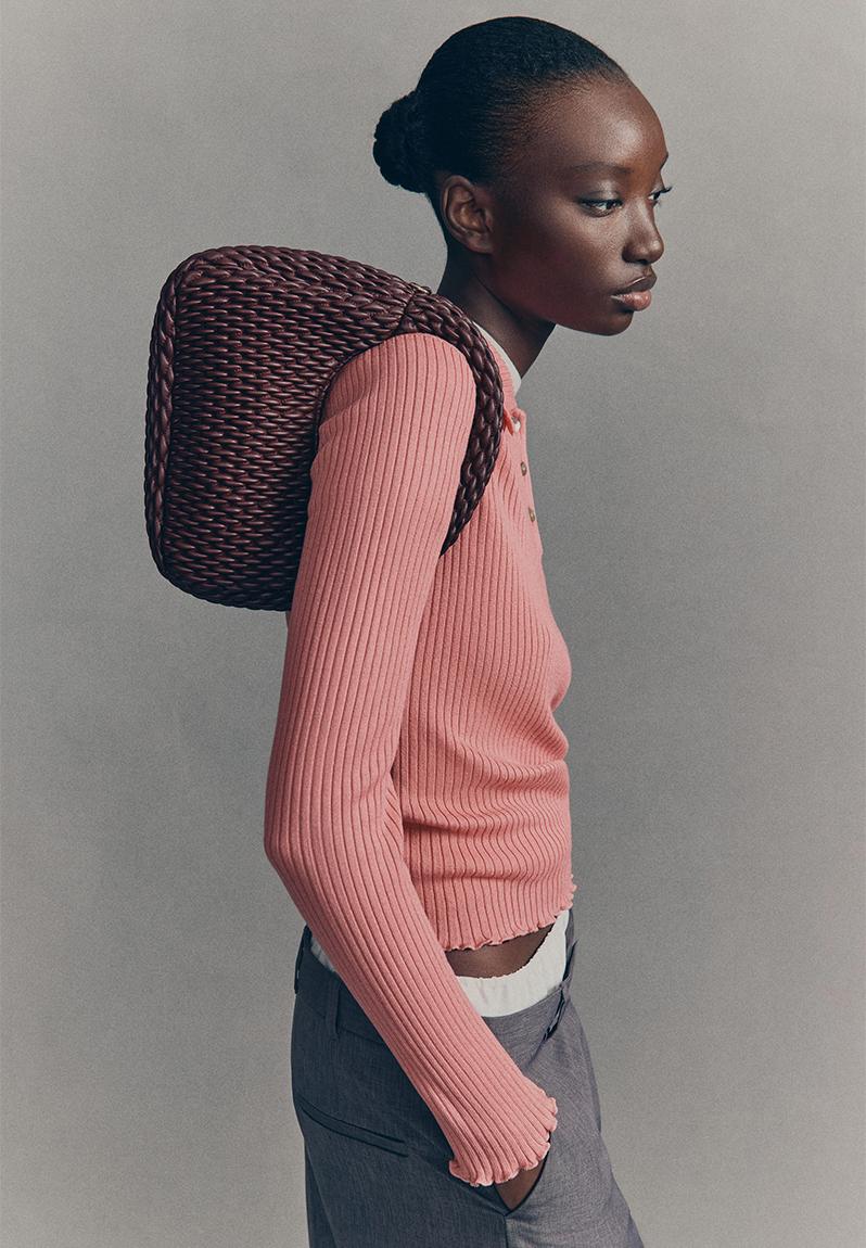 Rib-knit polo jumper - dusty pink - 1317726002