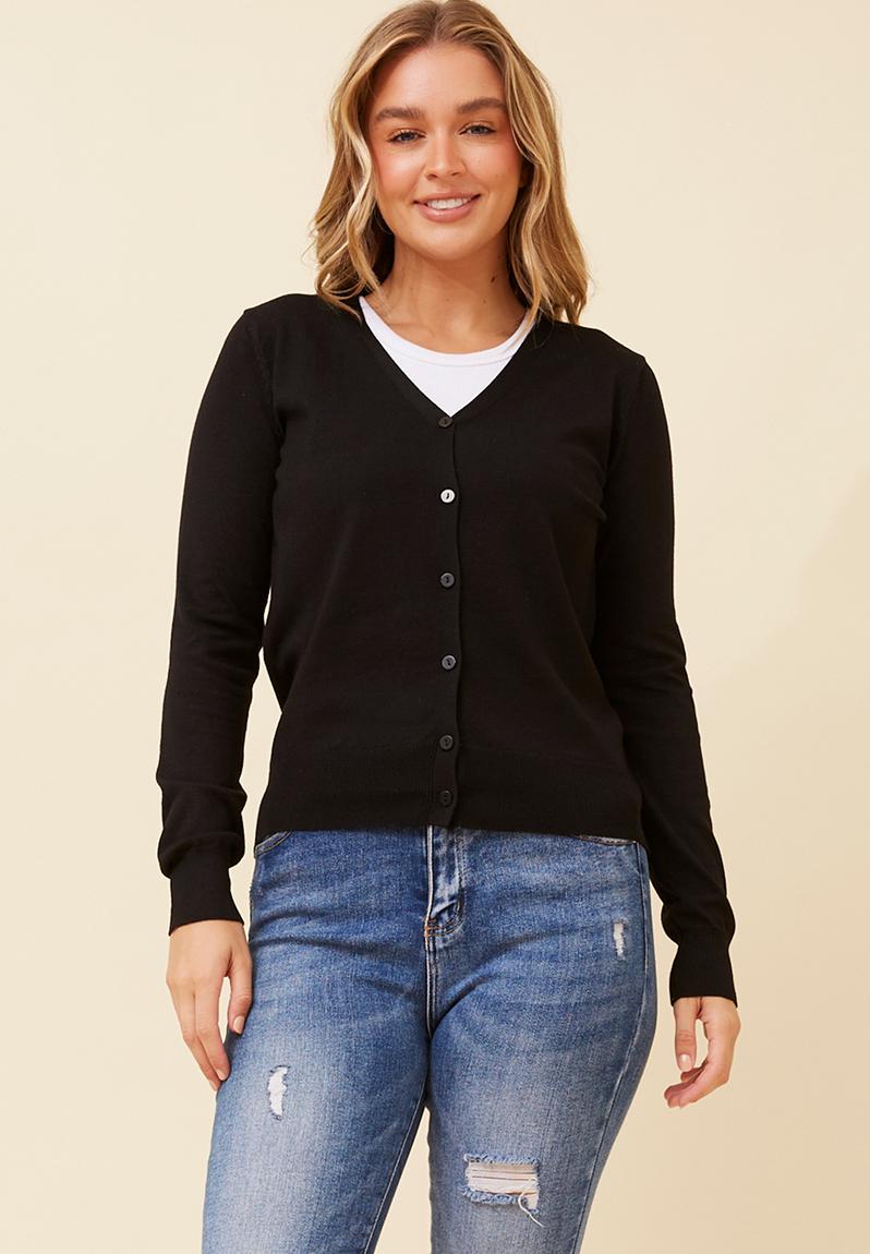Long Sleeve V-Neck Button Through Cardigan - Black