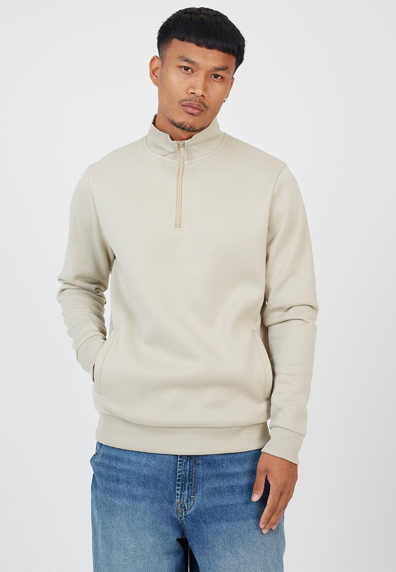 Quarter Zip Funnel Neck Sweatshirt - Lt Stone