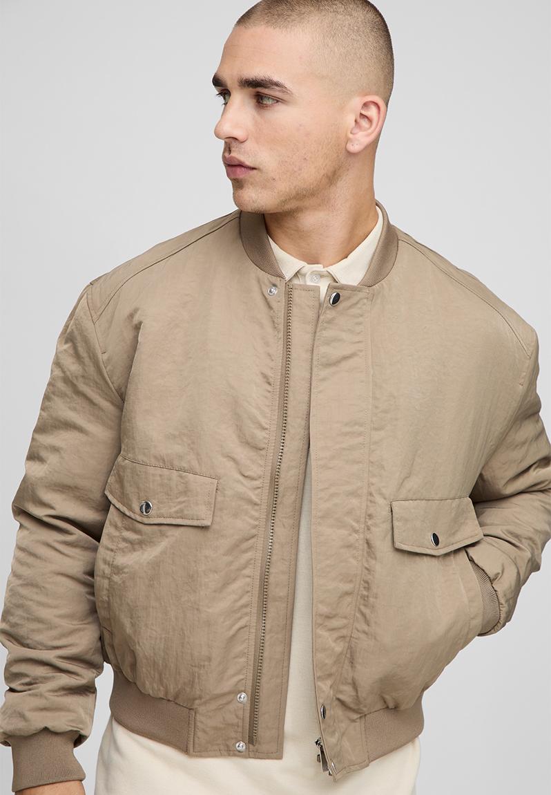 ジャケット・アウター Stone  Soft Shell Bomber Jacket Regular Fit Peached Crinkle Nylon Bomber Jacket-Stone