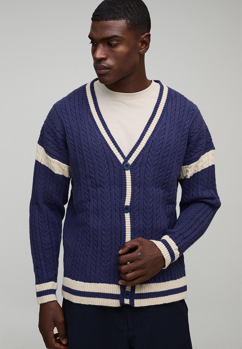 Oversized Drop Shoulder Boucle Cable Knitted Preppy Cardigan-Navy