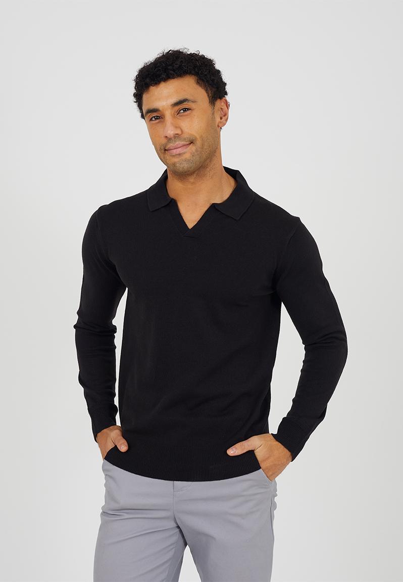 Long Sleeve Trophy Neck Polo - Jet Black