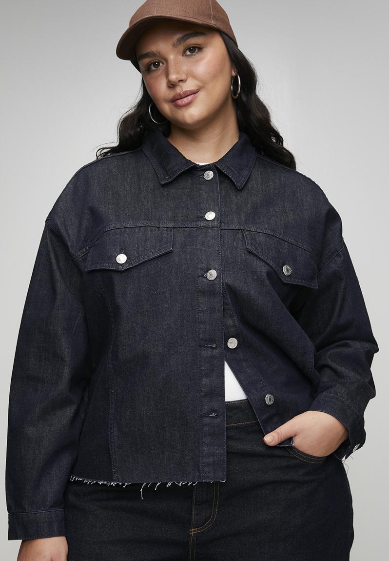 Plus Oversize Loose Fit Cropped Denim Jacket - Dark Blue