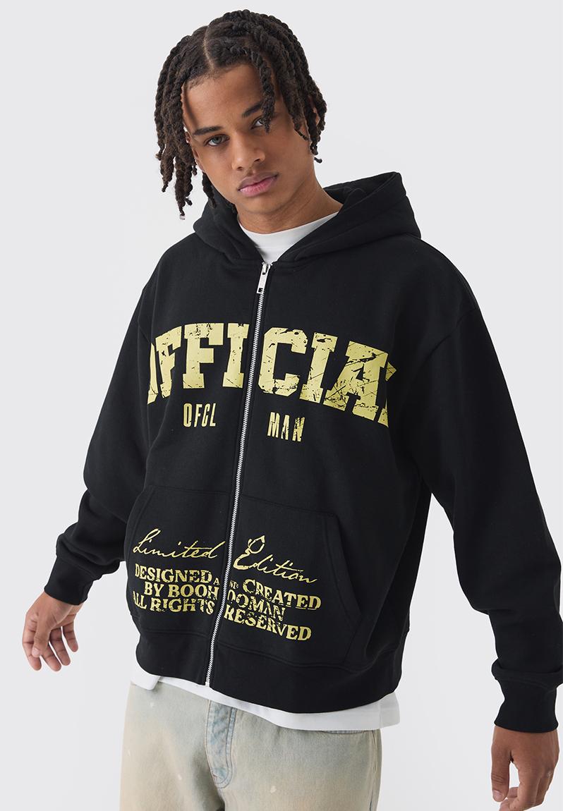 Oversized Boxy Offcl Print Zip Through Hoodie - Black