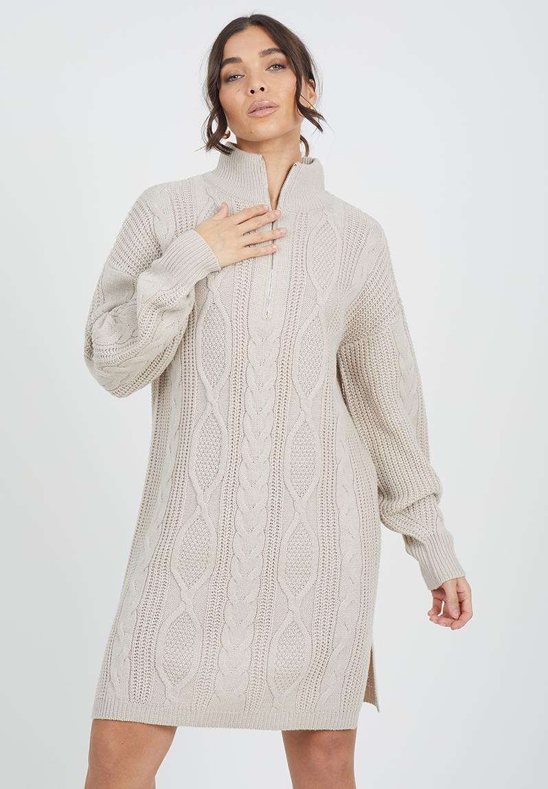 Half Zip Neck All Over Cable Dress - Stone