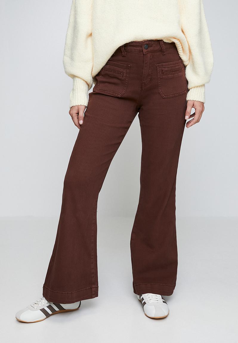 Mid Waist Pat H Pocket Kick Flare Wide Leg - Chocolate