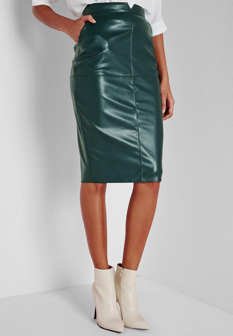 Back Split Faux Leather Midi Skirt - Khaki Missguided Skirts ...