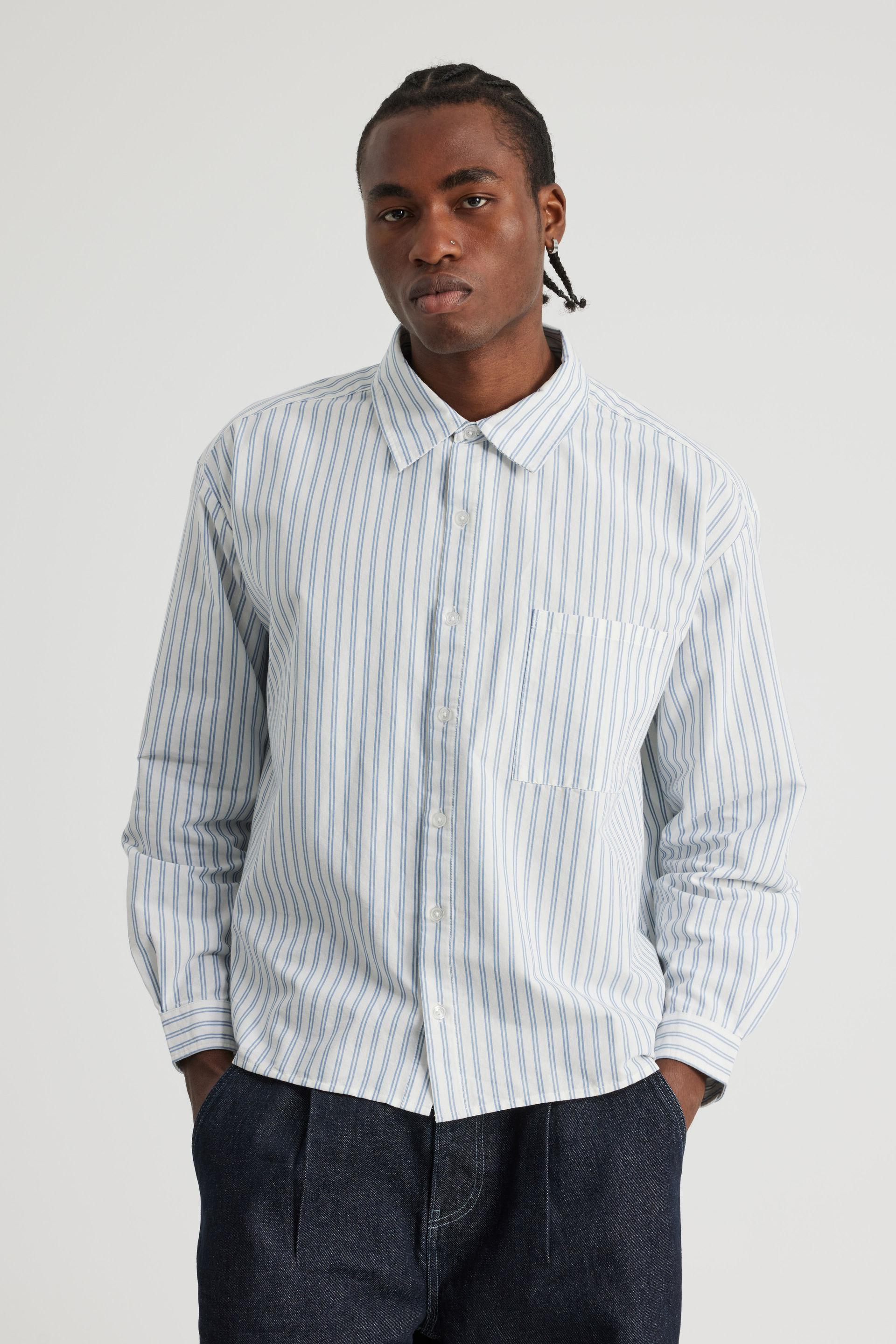 Authentics Boxy Cropped Long Sleeve Shirt - Blue White Pinstripe