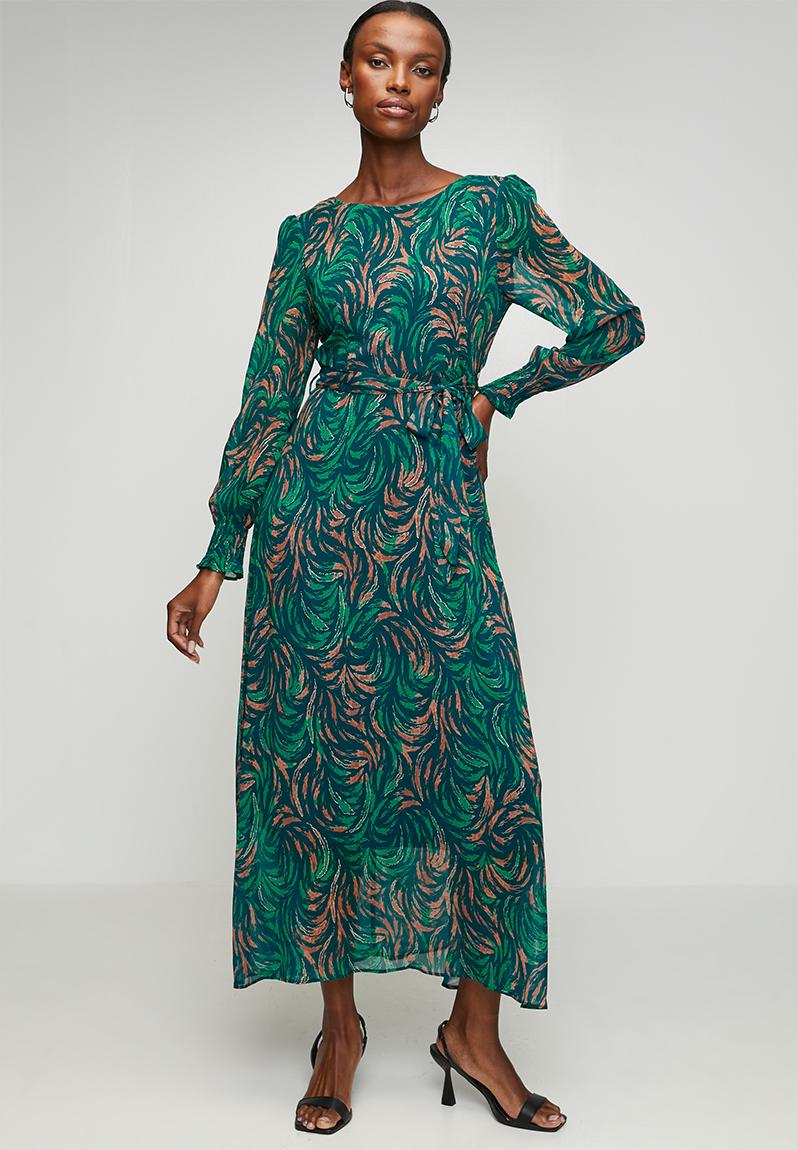 L/S Sheer Printed Maxi Dress - Teal