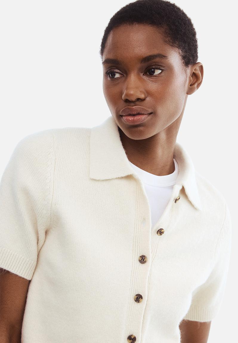 Short-sleeved collared cardigan - white - 1305653004