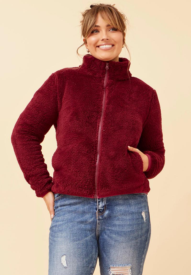 L/S Teddy Zip Through Jacket - Red Dahlia