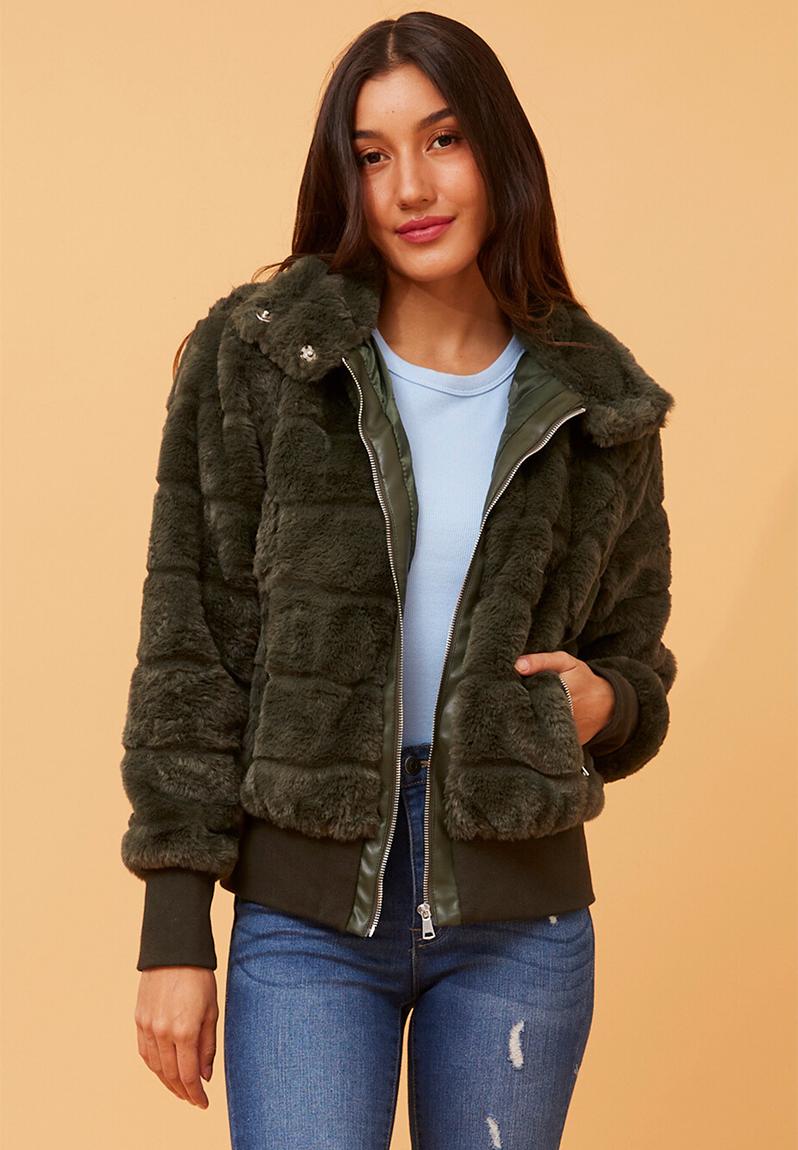 L/S Faux Fur Zip Through Jacket - Olive
