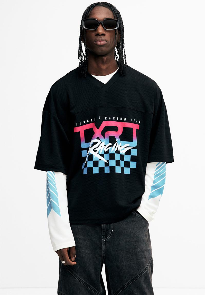 Oversized fit printed mesh t-shirt - black/txrt - 1309724002
