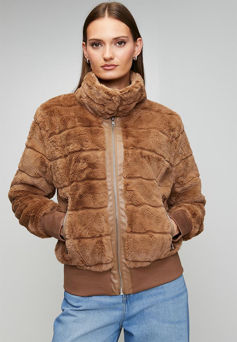 L/S Faux Fur Zip Through Jacket - Brown