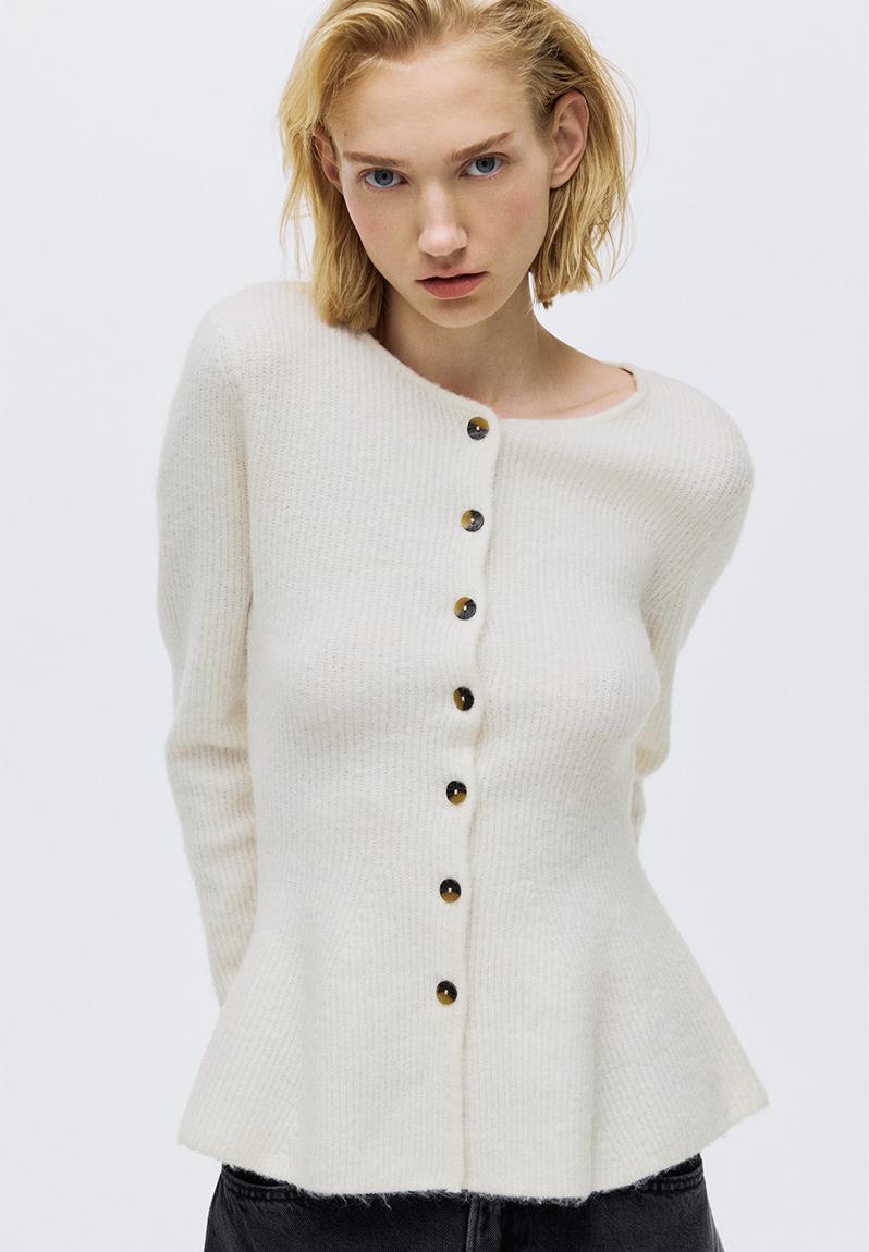 Rib-knit peplum cardigan - cream - 1310801001