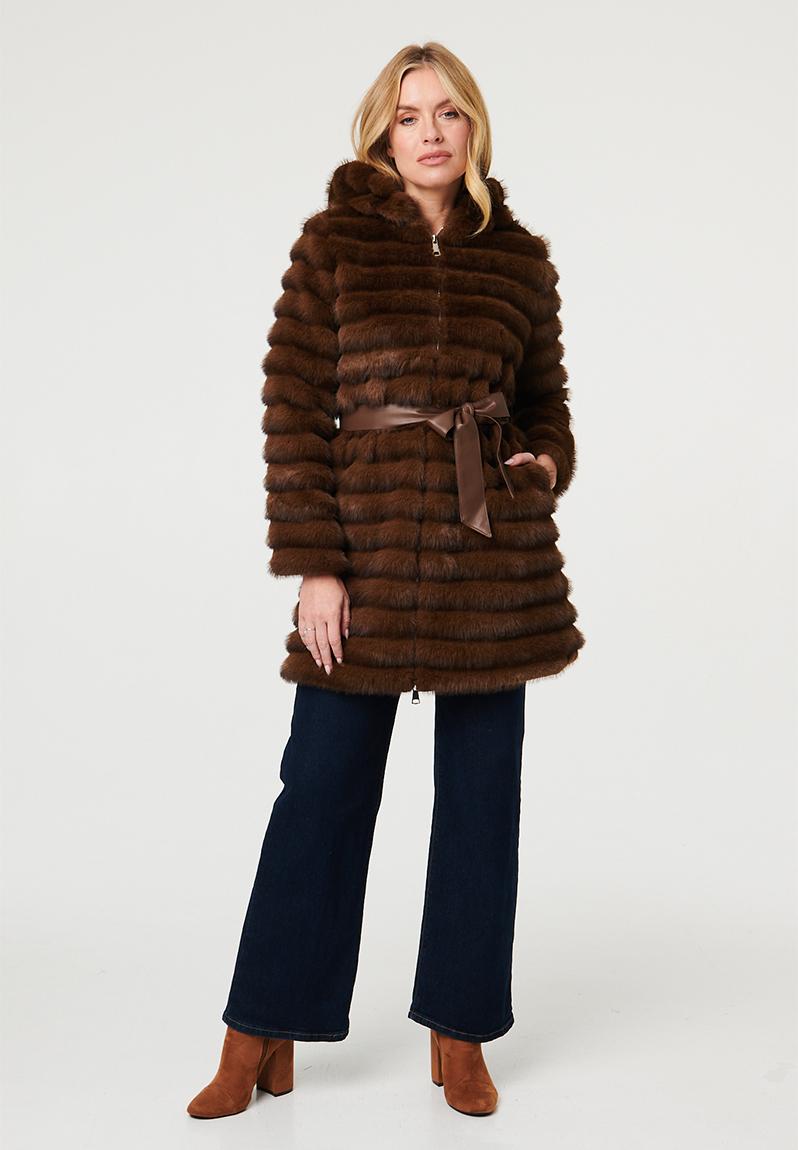 L/S Faux Fur Jacket With Pleather Belt Detail - Brown