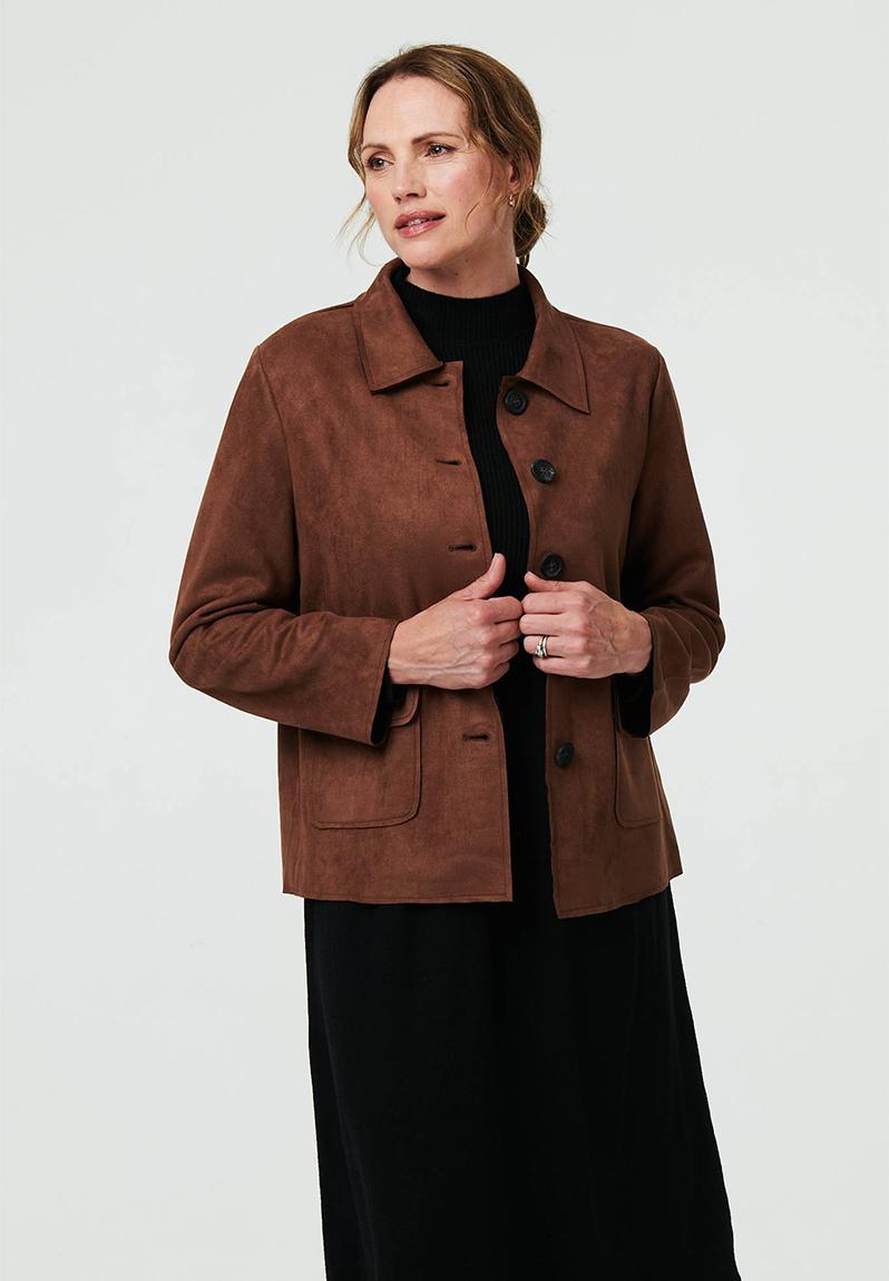 ジャケット・アウター Vintage Brown Suede Short Jacket L/S Button Through Faux Suede Short Length Jacket - Brown