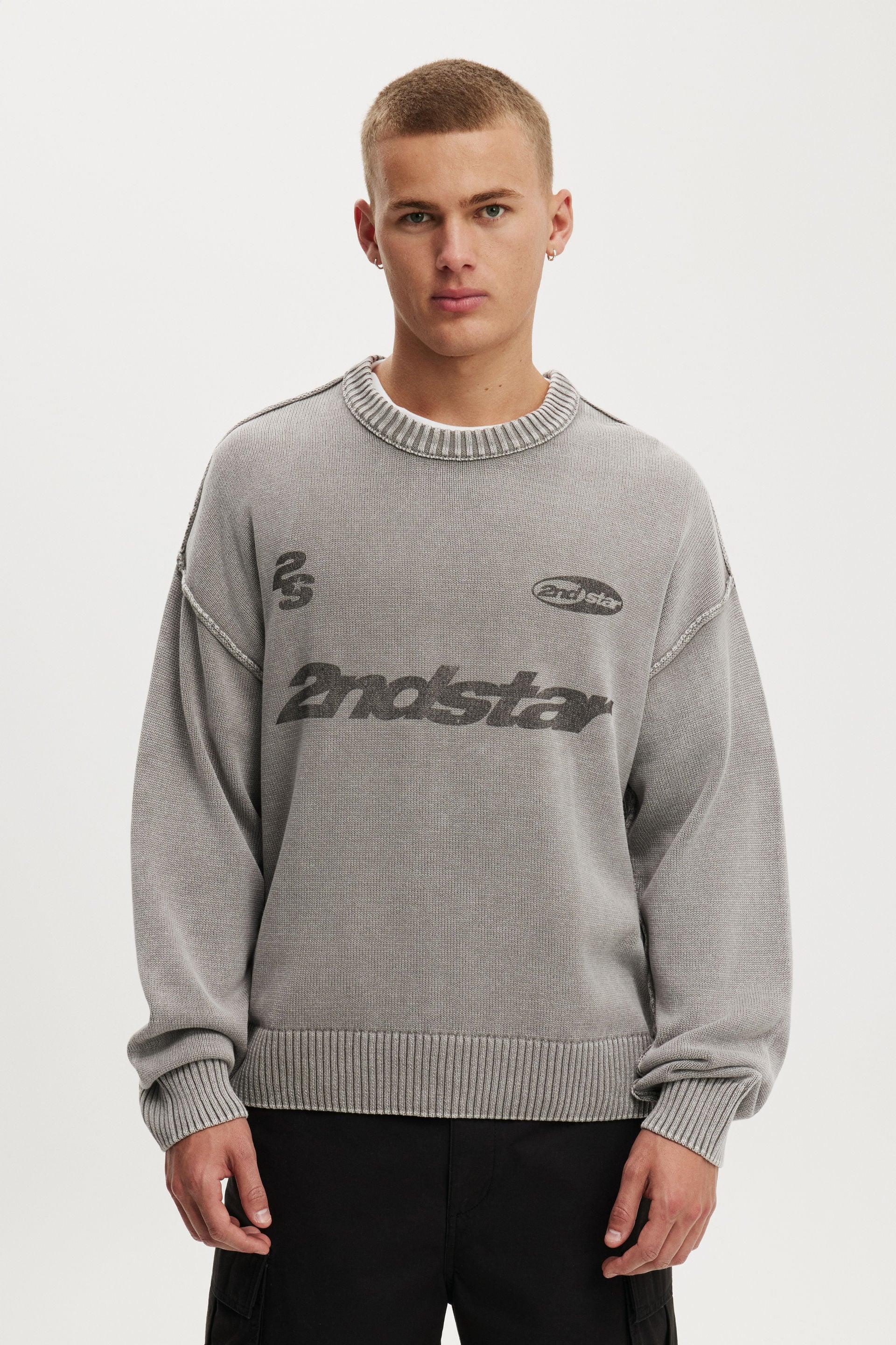 WASHED GRAPHIC CREW KNIT - WASHED GREY