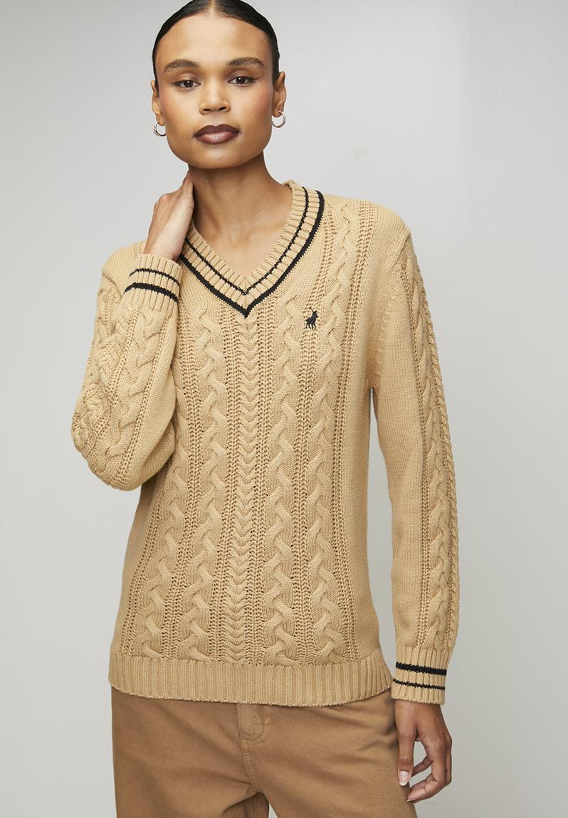 Wmn Jane Ls V-Neck Cable Knit - Camel