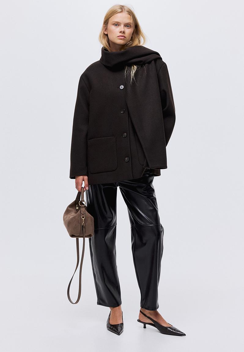 Scarf-detail coat - dark brown - 1302220001