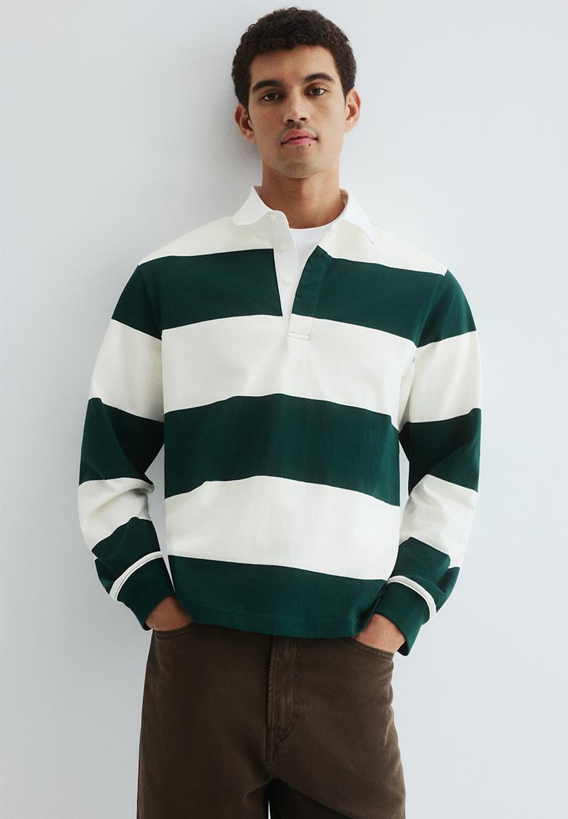 Regular fit cotton rugby shirt - dark green/white - 1318712001